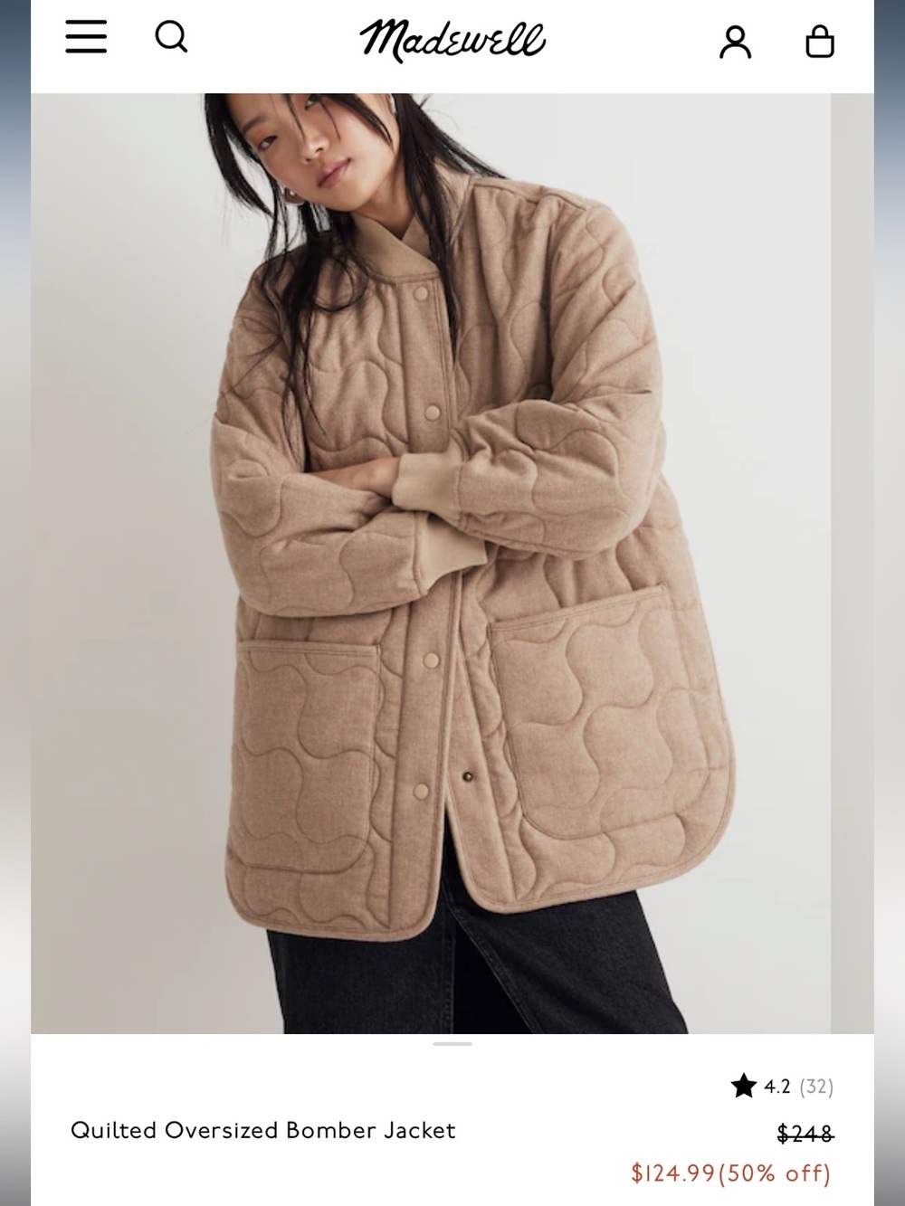 Madewell Quilted Oversized Bomber Jacket - Matchstick